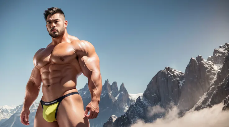 Very handsome，Chinese Thor，standing in the snowy mountain，short detailed hair，short mustache，Wear bright gold thongs，Perfect figure with tattoos, Very huge and strong body, Bulging muscles, musculous, Very large pectoral muscles，Very sexy abs，The legs are ...