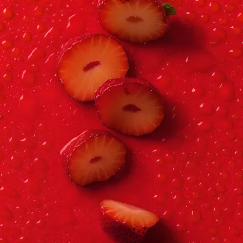 Aravi strawberries on red surface，There are water droplets, Red liquid, berries dripping juice, Strawberry, berry juice drips, strawberry fields forever, Berry juice drips, morango, next to sliced strawberries, squashed berries dripping, professional fruit...