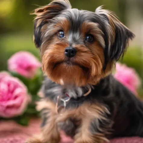 Cao fofo da raca Yorkshire Terrier ofegante com laco rosa proximo a orelha e uma patinha levantada