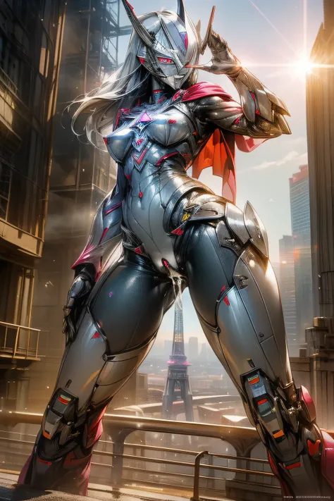 （masterpiece、8K、Ultra-delicate、hight resolution），(((Female Ultraman)))，(((No muscles，large Boob)))，(her head is tapering,The body is made of red and silver，pink armor,The arms present a streamlined design，On the chest there is a round calculator，Looks tall...