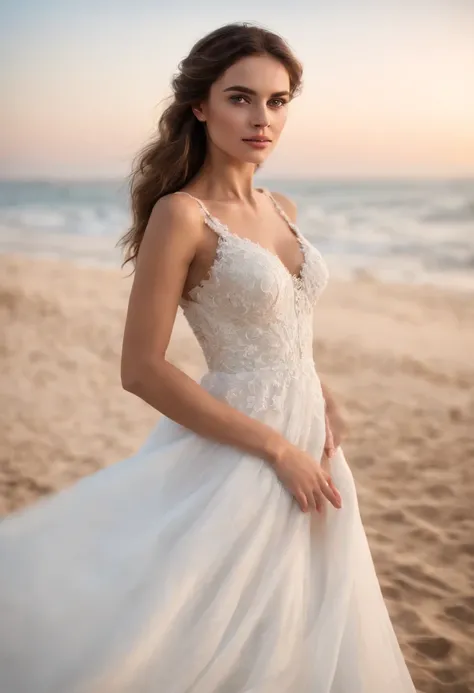 1 menina bonita, (Realistic:1.3) corpo inteiroesbian, Standing photo, Fique em frente ao mar azul, vestido de noiva branco, vestido macio, Cabelo loiro, olhos azuis, cabelos ondulados, master part, lighting soft fuzzy, retrato, melhor qualidade (rosto perf...