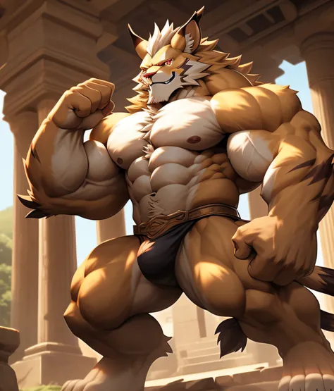 nj5furry, (Leomon, massive, huge), Leomon, ((extremely realistic shadows, masterpiece, extremely detailed, photorealistic)), kemono, the fur on his torso and thighs is the same color as the fur on his back, (((LIGHT BROWN FUR))) Leomon, ((detailed face)) r...