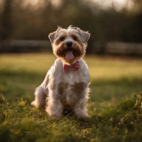 Cao fofo da raca Biewer Terrier ofegante com laco rosa proximo a orelha e uma patinha levantada