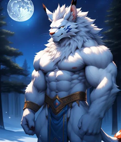 nj5furry, ( albino, Leomon, massive, huge), albino Leomon, ((extremely realistic shadows, masterpiece, extremely detailed, photorealistic)), kemono, looking at the viewer, ((FRONT)), silver mane, Leomon albino, ((detailed face)) red nose, blue eyes, ((deta...