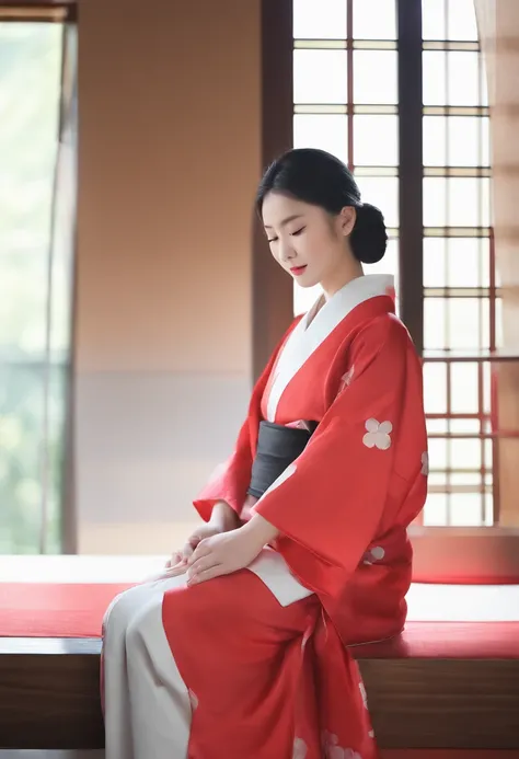 花魁、kimono、Turn around、the whole、full bodyesbian、Overall view、Gorgeous red kimono、Sister sitting、Beckoning