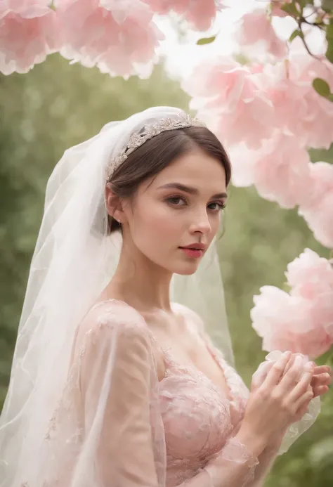 (Photograph of 1 girl dressed as a bride with large transparent veil and pink color dress , soft and delicate),(Pink petals, Brisa suave, with blue sky and white clouds + Bosques verdes),upper body