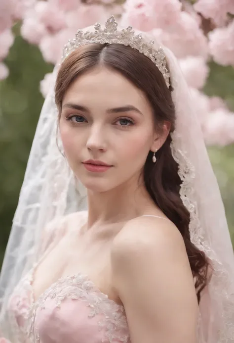 (Photograph of 1 girl dressed as a bride with large transparent veil and pink color dress , soft and delicate),(Pink petals, Brisa suave, with blue sky and white clouds + Bosques verdes),upper body