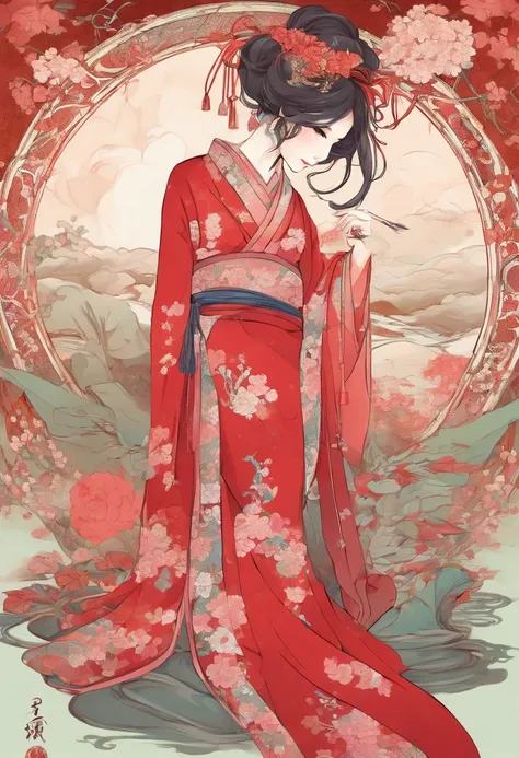 花魁、kimono、Turn around、the whole、full bodyesbian、Overall view、Gorgeous red kimono、Sister sitting、Beckoning