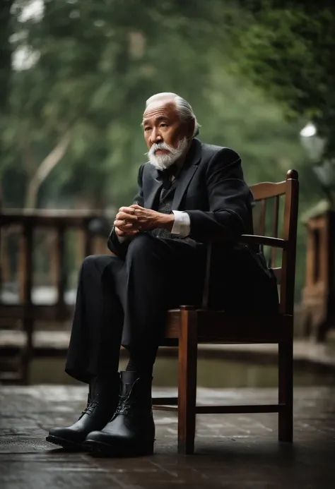 Old gentleman with a goatee，sit on chair，Black high-gloss rain boots, 8K分辨率,Wallpaper masterpiece，Best quality，Highly meticulous，Ultra high quality，The midday sun is a bit dazzling。