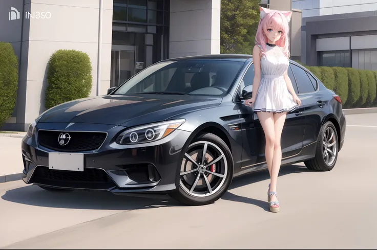 Mulher em um vestido branco ao lado de um carro preto, Estilo anime 3D realista, muito bonita menina gato anime, menina anime com orelhas de gato, estilo anime. 8k, Estilo anime realista no Pixiv, arte de anime realista, gato anime, gato anime bonito, real...