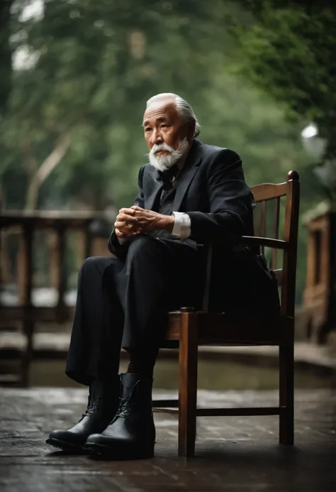 Old gentleman with a goatee，sit on chair，Black high-gloss rain boots, 8K分辨率,Wallpaper masterpiece，Best quality，Highly meticulous，Ultra high quality，The midday sun is a bit dazzling。