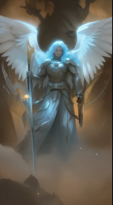 Angel Arafed with a sword and shield in the clouds, archangel, archangel michael, por Arthur Pan, por Raymond Swanland, Armadura dorada angelical, angel in plastic armor, High quality fantasy art, por Aleksi Briclot, graphic artist magali villeneuve, Armad...