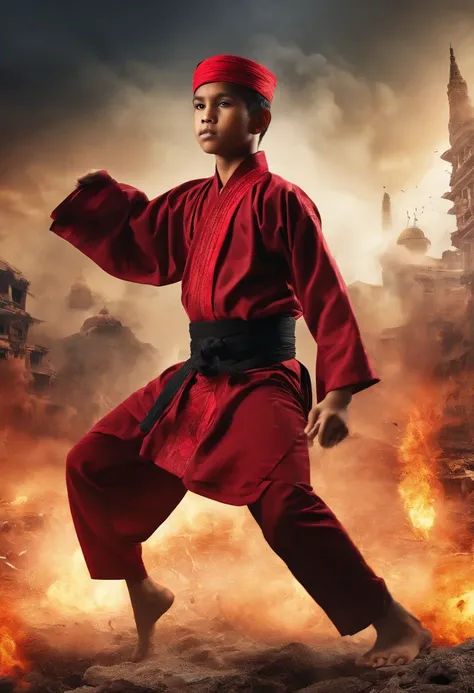 A malay boy wearing malay traditional outfit performing silat martial arts in a demolish city, post war city background, smoke,