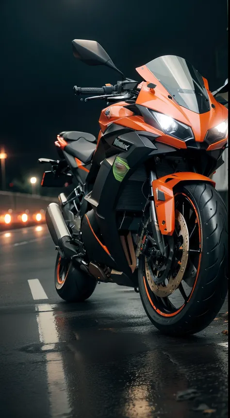 RAW photo, Kawasaki Ninja Orange Motorcycle, sport-bike, 8k, wallpaper, Black theme, black background, rainy, cinematic style