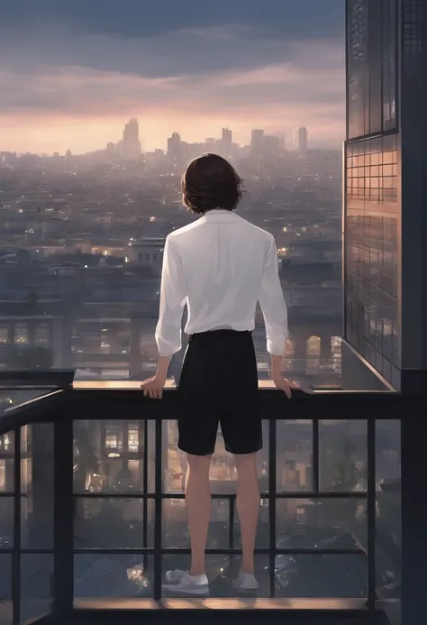 A long-haired boy who fell from a building，Front full body image，wearing a white shirt and shorts，The expression was sad, and tears flew out，Two-dimensional boys，Black colored eyes，The background is the city at night，Modern high-rise buildings around