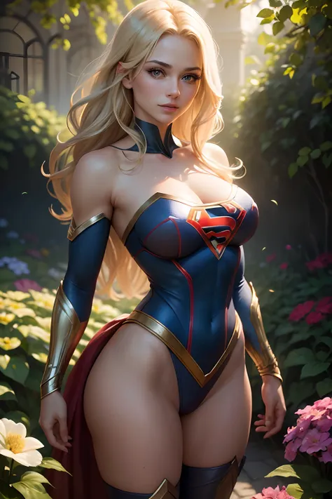 Beautiful, powerful supergirl with flowing blonde hair and a captivating smile. Her strong and muscular physique radiates confidence and strength. The intricate details of her face, showcasing her piercing blue eyes and perfectly shaped lips, enhance her o...