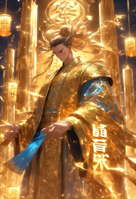 1boys，Close up，An ancient Chinese scholar，(Book in hand:1.5)，(Transparent glowing golden Chinese characters hovered in midair:2)，Vertical text，glittery，(Scholar in blue robes:1.5)，Long flowing hair flutters in the wind，brunette color hair，16k, hyper HD, hi...