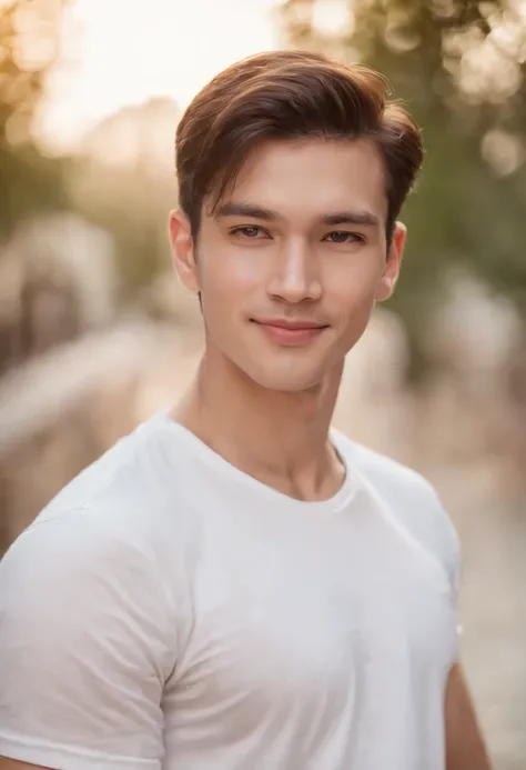 (photo: 1.3) af (realism: 1.3), male headshot, soft light, face focus, ((((white t-shirt))) happy, cheerful, smiling, warm light, ((blank background)) , profile picture, (long hair or short hair), smiling, handsome, young, , short hair, smiling