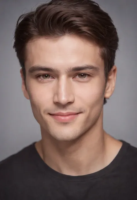 (photo: 1.3) af (realism: 1.3), male headshot, soft light, face focus, ((((white t-shirt))) happy, cheerful, smiling, warm light, ((blank background)) , profile picture, (long hair or short hair), smiling, handsome, young, , short hair, smiling