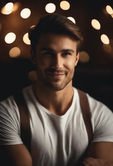 (photo: 1.3) af (realism: 1.3), male headshot, soft light, face focus, ((((white t-shirt))) happy, cheerful, smiling, warm light, ((blank background)) , profile picture, (long hair or short hair), smiling, handsome, young, , short hair, smiling