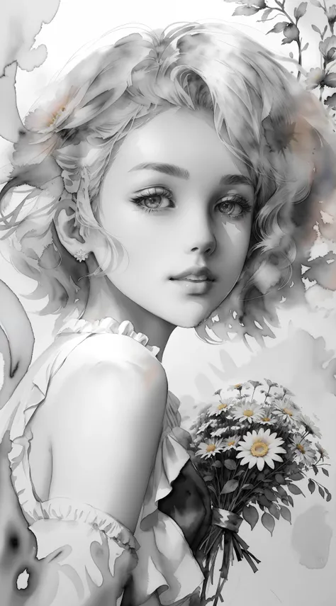 bouquet of daisies and roses, masterpiece, beautiful watercolor painting turned black and white