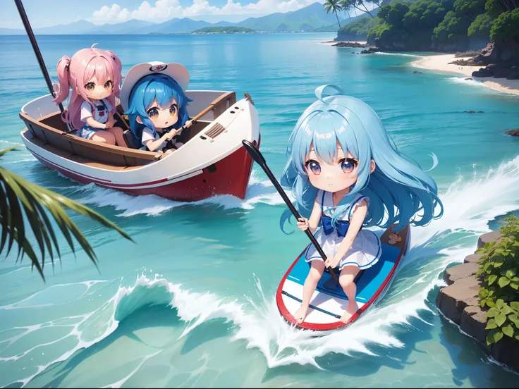 Paddle a boat in Hawaiian waters　Chibichara　long hair with blue hair((Chibi Chara))、Fluffy、girl with、Chibi Chara、full body Esbian、Pastel colors hair、masutepiece、top-quality、