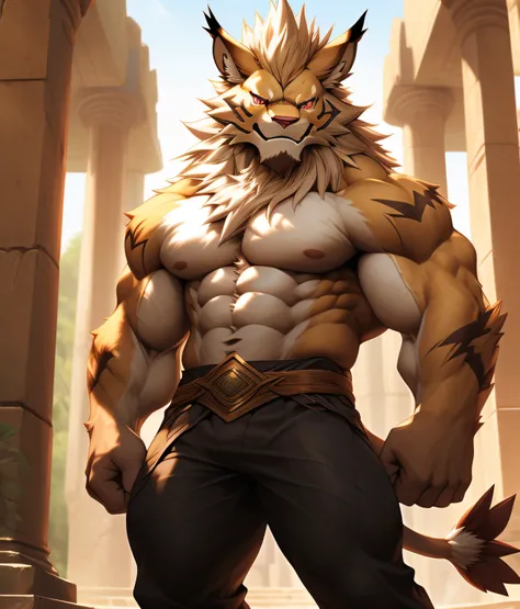 nj5furry, (Leomon, massive, huge), Leomon, ((extremely realistic shadows, masterpiece, extremely detailed, photorealistic)), kemono, the fur on his torso and thighs is the same color as the fur on his back, (((LIGHT BROWN FUR))) Leomon, ((detailed face)) r...