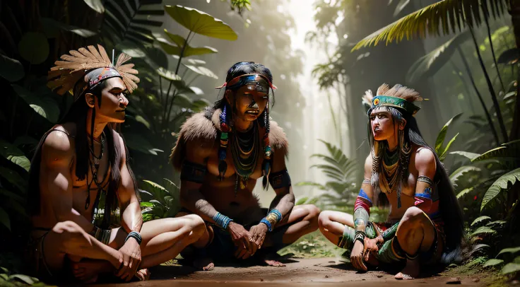 Tribe of Indians in the Amazon rainforest around 1500 seeing a being from the future approach