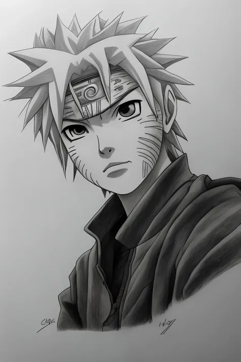 A pencil-drawn portrait of Naruto in black and white, with intricate details and shading.