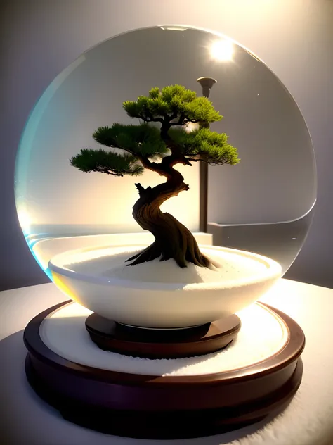 Artistic, Ultra Realistic, 16K High Resolution, (Max Sharp Focus: 1.3), (On Table: 0.2), (Downlight: 1.2), (Max Close-up: 1.2), (Mini Bonsai trapped in a crystal ball with pedestal, White Sand: 1.7)