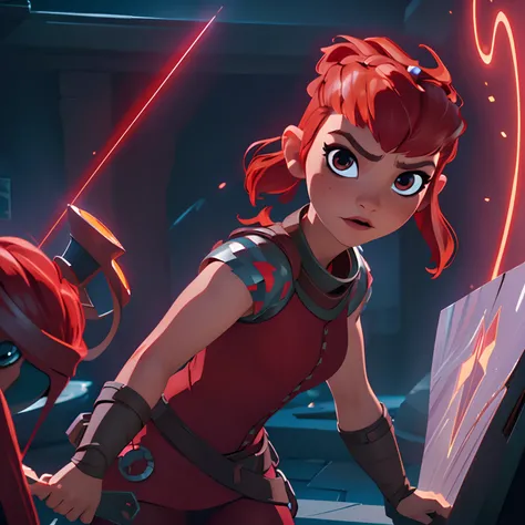 (8k, best lighting, masterpiece, best quality, best luminosity, best shadow, particles, bloom, extra lights, cinematic lights), GlowingRunes_red, nimona, (1girl, solo), brave, standing, focus face, (looking at viewer, red hair, sharp), tits, pussy,