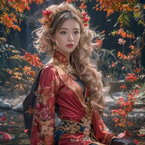 32K（tmasterpiece，k hd，hyper HD，32K）curlies，Flowing rouge，ponds，zydink， a color，  Liaoning people （Charming girl）， （Indigo scarf）， Combat posture， looking at the ground，  Flowing rouge curls，Green emerald tiara， Chinese long-sleeved rose gold garment， （Abst...