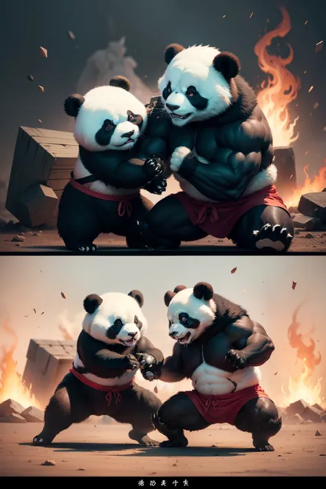 Beast angry panda fighting with beast rabbit