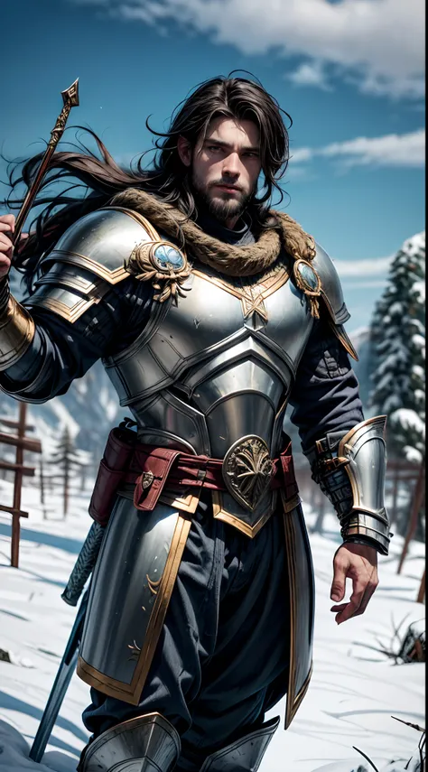 Tyr, dios nordico, es un dios valiente y heroico, But he is also very kind and compassionate.. lleva una armadura y un casco, en el fondo: Asgard, with its great mountains and forests. Vista Plano general