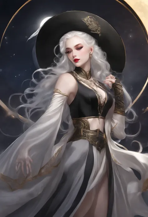 Masterpiece, Highest quality, solofocus, (Perfect face:1.1), (High detail:1.1),Dramatic, 1人, (Pale skin), Long braids, White hair, White eyes, Solo, Long hair, Moon, Night, white luxury suit, White fedora, covered navel, pouty lips, Covered, Jazz clubs, De...