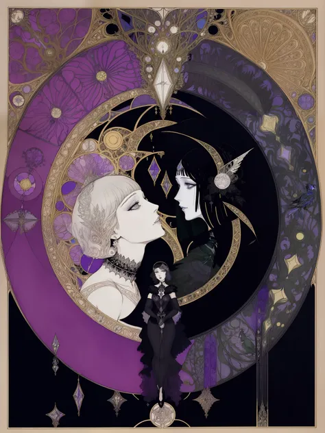 there is a drawing of a woman and a bird on a black background, harry clarke artwork, by Harry Clarke, inspired by Harry Clarke, beardsley, kay nielsen and wadim kashin, inspired by Kay Nielsen, style of carlos schwabe, oz, right side composition, arthur r...