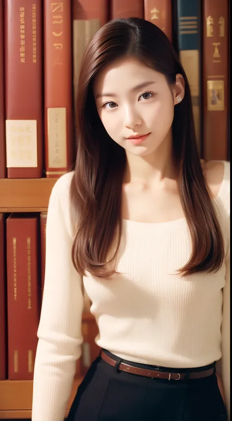 realistic photos of 1 cute Korean star, hair behind ears, white skin, thin makeup, 32 inch breasts size, wearing as language teacher, in the library, upper body portrait, Fujicolor, UHD