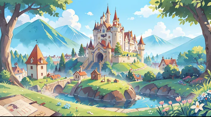 ((picture book illustration)), fantasy landscape, watercolor illustration, whimsical, warm colors, fairytale castle and village, ((princess castle)), fairytale medieval style houses, ((masterpiece)), highly detailed environment