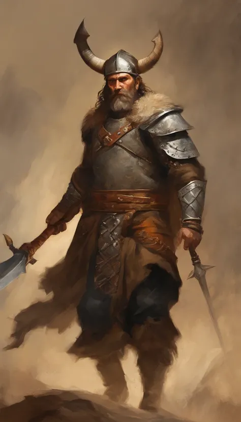 male in a brown outfit with a horned head and a sword, Personagem altamente detalhado, guerreiro viking, epic viking king, Old Norse epic hero, musculoso cabelo longo com tatuagem Filipino God of War, estilo modelshoot, (papel de parede CG 8k extremamente ...