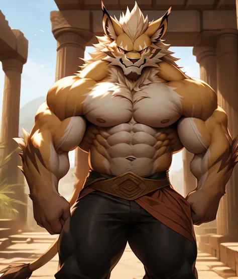 nj5furry, (Leomon, massive, huge), Leomon, ((extremely realistic shadows, masterpiece, extremely detailed, photorealistic)), kemono, the fur on his torso and thighs is the same color as the fur on his back, (((LIGHT BROWN FUR))) Leomon, ((detailed face)) r...