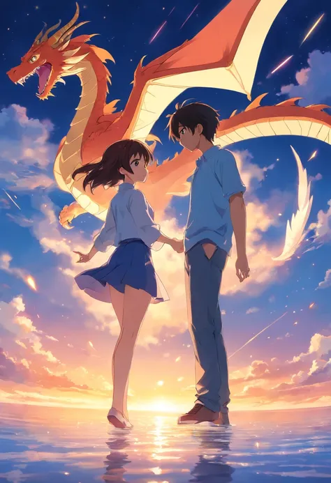 obra-prima, melhor qualidade, filme ainda, 1girl and 1boy, love, Dragon girl and garoro, floating into the sky, close-up, brilhante, feliz, Soft lighting and Warm, sun sunset, (Sparks: 0,7) acima das nuvens, ((beijo))