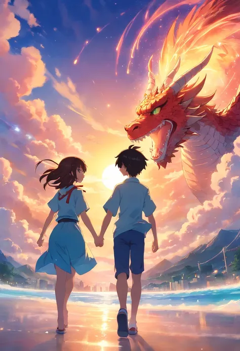 obra-prima, melhor qualidade, filme ainda, 1girl and 1boy, love, Dragon girl and garoro, floating into the sky, close-up, brilhante, feliz, Soft lighting and Warm, sun sunset, (Sparks: 0,7) acima das nuvens, ((beijo))