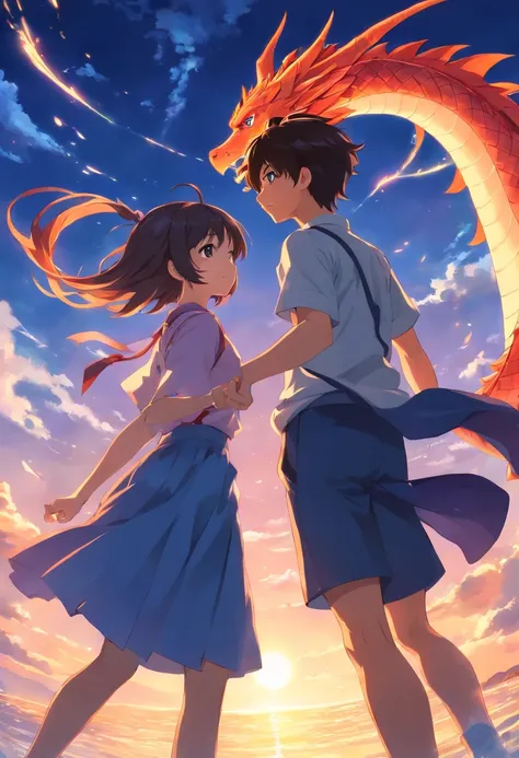 obra-prima, melhor qualidade, filme ainda, 1girl and 1boy, love, Dragon girl and garoro, floating into the sky, close-up, brilhante, feliz, Soft lighting and Warm, sun sunset, (Sparks: 0,7) acima das nuvens, ((beijo))