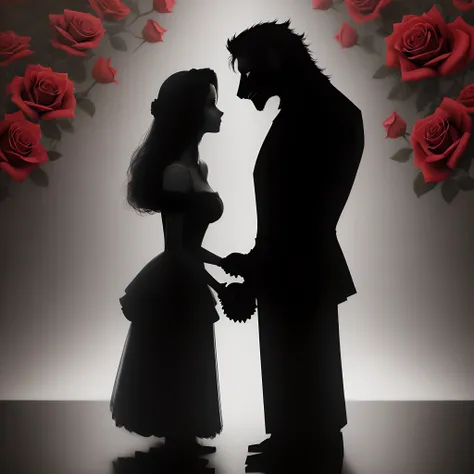 High resolution beautiful roses background Belle and beast standing holding hands frontal romantic atmosphere  clear and realistic and shadowy