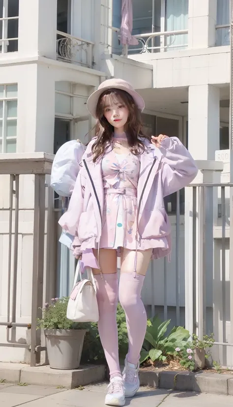 Young woman in hat、Good Style、Wavy hair with brown hair、Micro Mini One Piece、Long jacket、Idol face、large full breasts、Cat prints、pastel clothing、Pink knee-high socks、Alice in Wonderland motif decoration on jacket、I have a bag