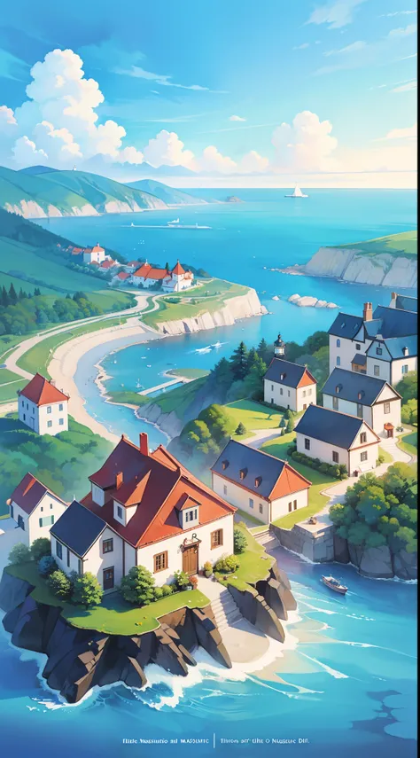 ((picture book illustration)), ocean fantasy, watercolor illustration, whimsical, warm colors, village, houses, huge lighthouse, ((masterpiece)), highly detailed environment