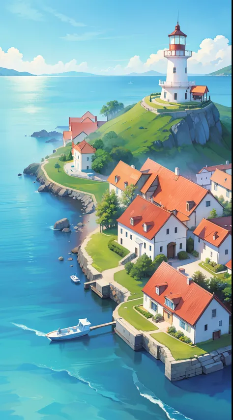 ((picture book illustration)), ocean fantasy, watercolor illustration, whimsical, warm colors, village, houses, huge lighthouse, ((masterpiece)), highly detailed environment