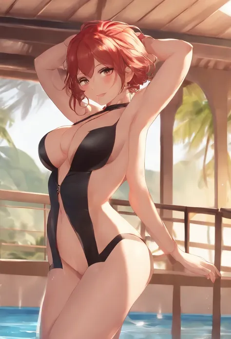 Nsfw,(((futa,Take off your swimsuit,cum))),1girl,pussy focus,solo,short hair,side ponytail,red hair,hair ornament, red eyes,((full body)), swimsuit, one-piece swimsuit,school swimsuit,sky, black one-piece swimsuit, wet, blush,futanari,erection,shiny skin, ...