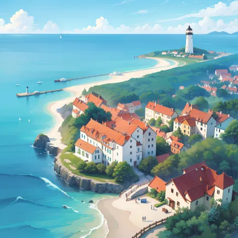 ((picture book illustration)), ocean fantasy, watercolor illustration, whimsical, warm colors, village, houses, huge lighthouse, ((masterpiece)), highly detailed environment