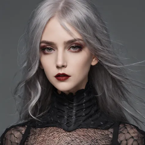 one-girl，Turn your head and look at 45 degrees，Symbolic clothes with gothic net, (Barbed wire of the body) brunette color hair，Gray hair ends